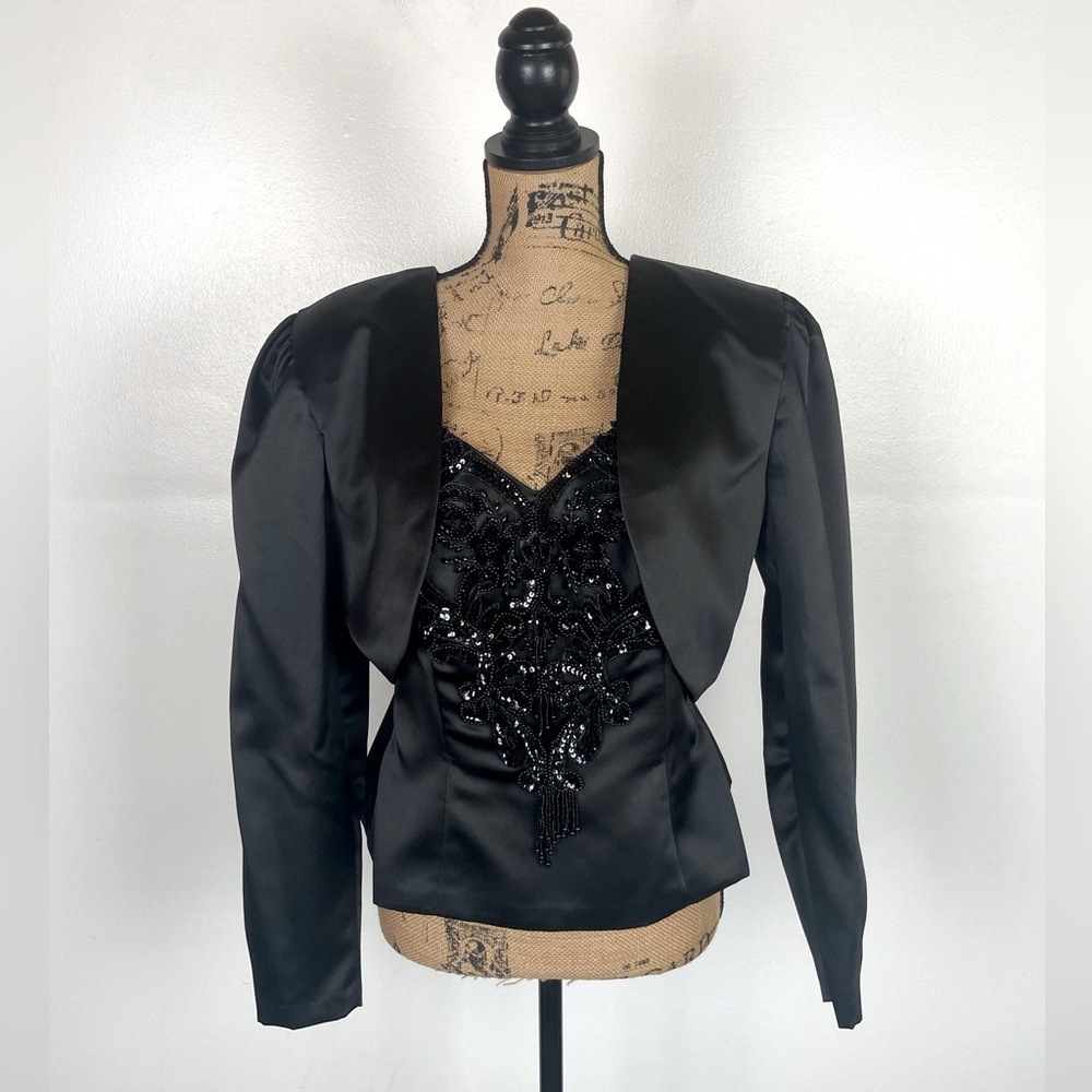 New Leaf Satin 80s 90s Sequin Bolero Jacket Top Set 12 Black Whimsy Rock R&B Pop